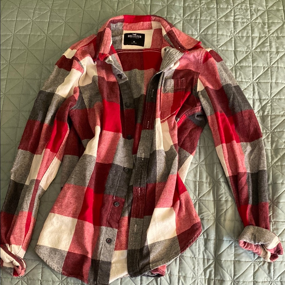 Hollister Red and White Plaid Flannel Jacket